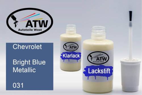 Chevrolet, Bright Blue Metallic, 031: 20ml Lackstift + 20ml Klarlack - Set, von ATW Autoteile West.